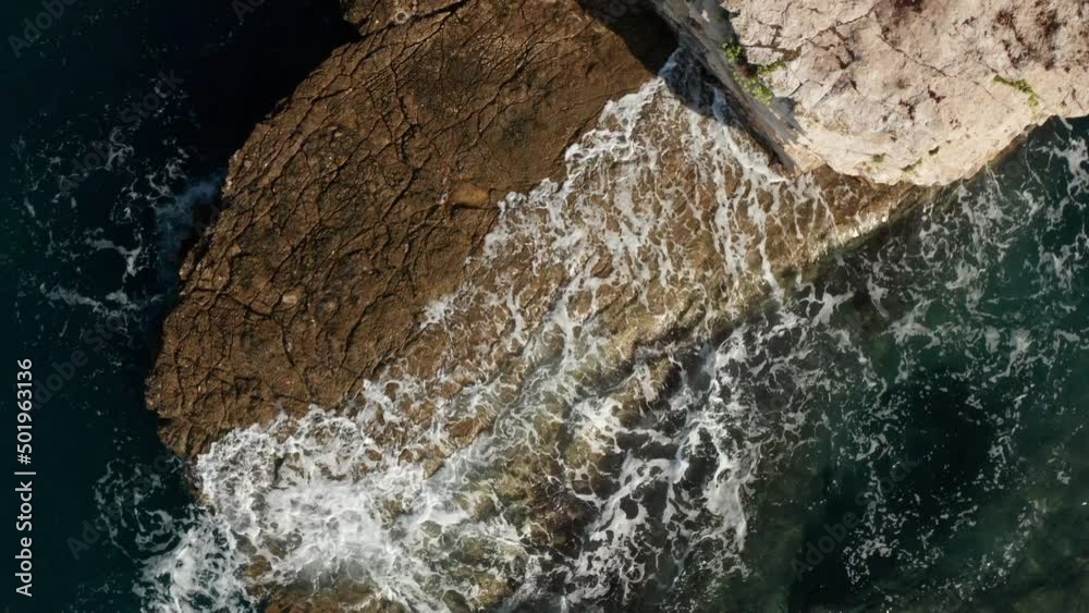 Sea Waves Hitting The Rocky Cliffs And Shoreline At Summer In Istria, Pula, Croatia. - aerial ascend