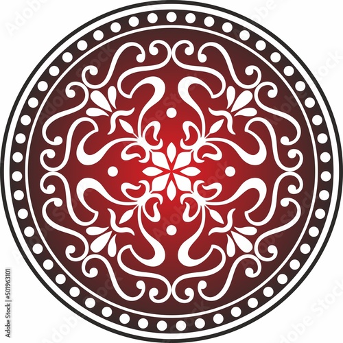 Vector classic colored round ornament. Red pattern in a circle. Drawing of Greece and Ancient Rome. Flower drawing.