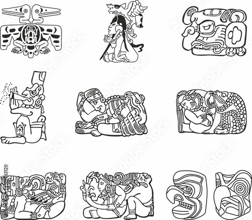Vector set of Native American symbols, Aztec, Maya, Inca. figurines of Native American tribes.