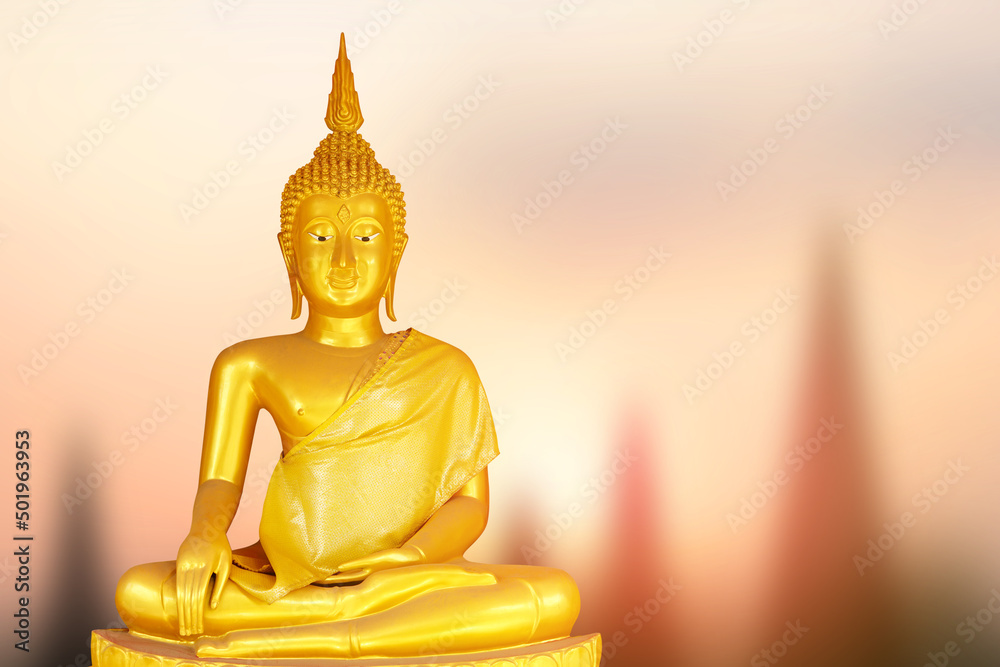 Buddha statue. background blurred flowers and sky with the light of the sun. Buddha statue. background blurred flowers and sky with the light of the sun.