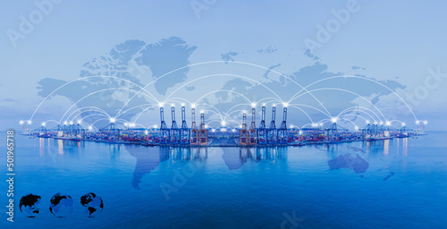 Island for Container ship loading and unloading, World map with Global logistic network distribution. Cargo freight ship for Online international order worldwide concept. Cargo containers ship