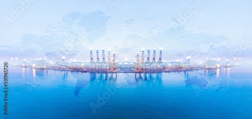 Island for Container ship loading and unloading, World map with Global logistic network distribution. Cargo freight ship for Online international order worldwide concept. Cargo containers ship © AU USAnakul+