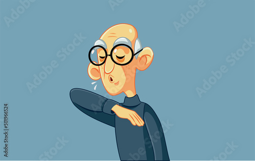Senior Man Suffering from Viral Infection Sneezing in her Elbow
