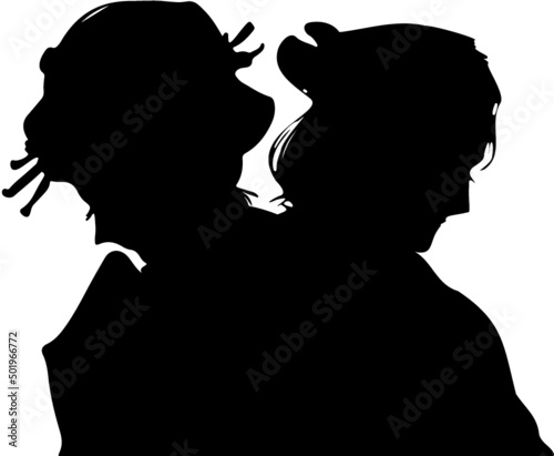 武士と芸者の恋のモノクロベクターシルエットイラスト	