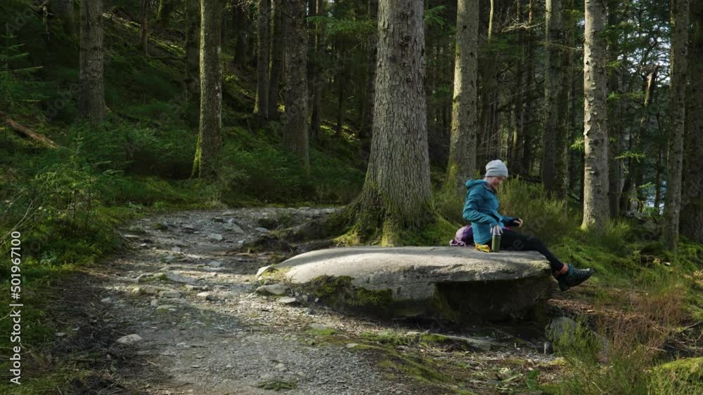 A woman sits on a rock eating her lunch and drinking tea from a flask while hiking in the forest, looking out across a Scottish Loch and hillside in the sun. Loch Ard, near Aberfoyle, Scotland. A woman sits on a rock eating her lunch and drinking tea from a flask while hiking in the forest, looking out across a Scottish Loch and hillside in the sun. Loch Ard, near Aberfoyle, Scotland.