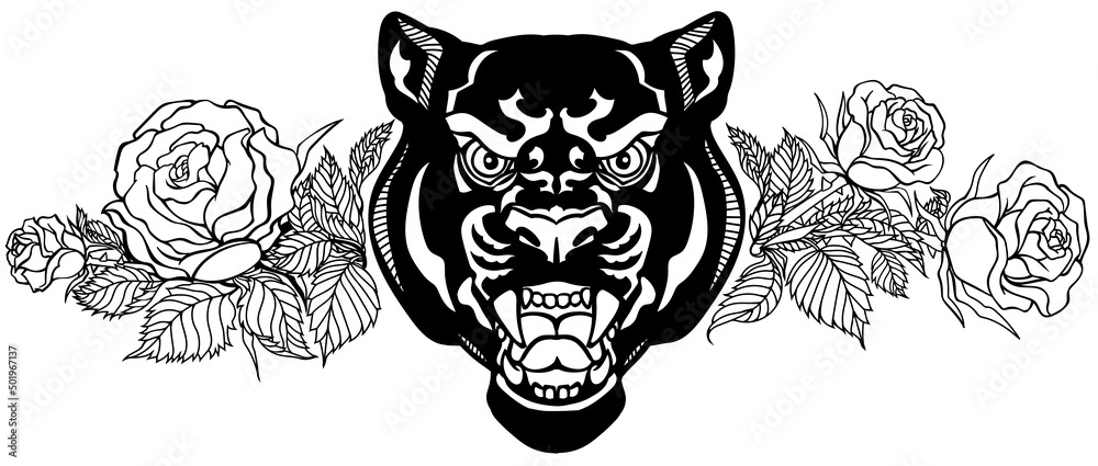 The head of a panther and blooming roses. Angry roaring leopard. Front view. Black and white Tattoo style vector illustration