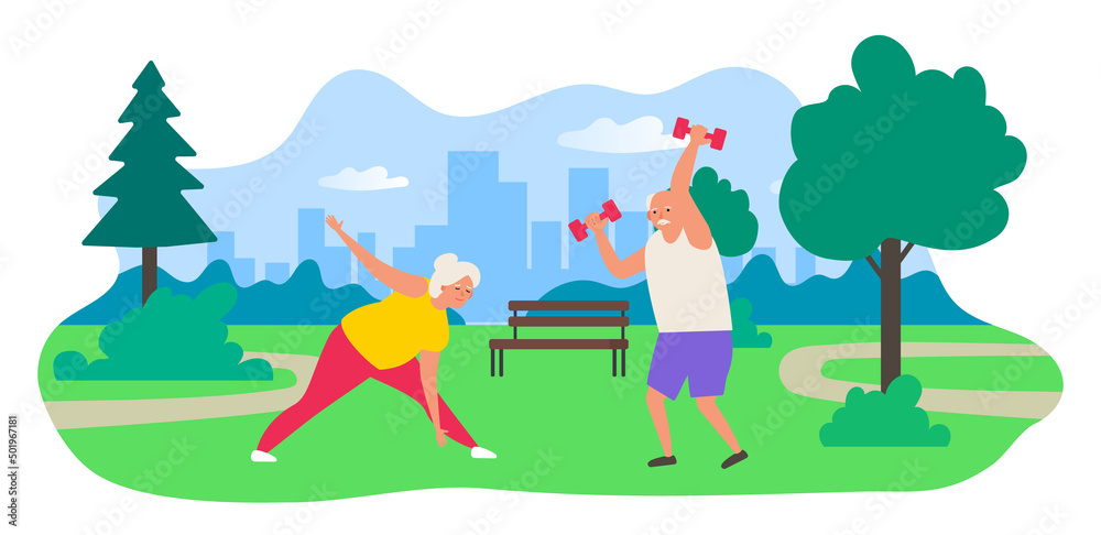 senior couple man and woman exercising outdoor activity in the park healthy lifestyle  vector illustration