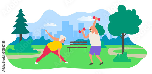 senior couple man and woman exercising outdoor activity in the park healthy lifestyle  vector illustration
