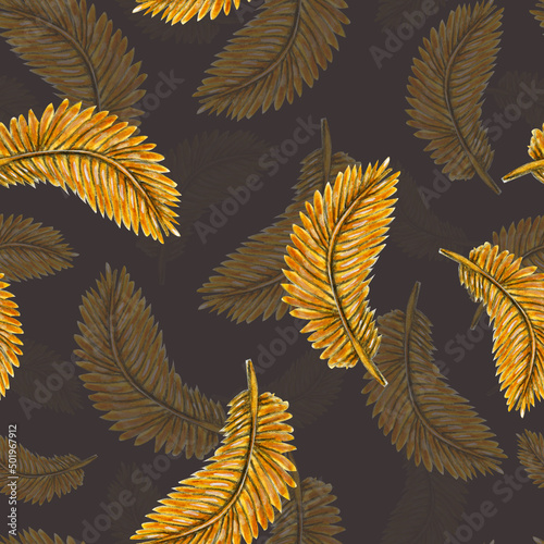 Watercolor pattern golden bird feather on a dark background for your luxury design, hand drawn illustration