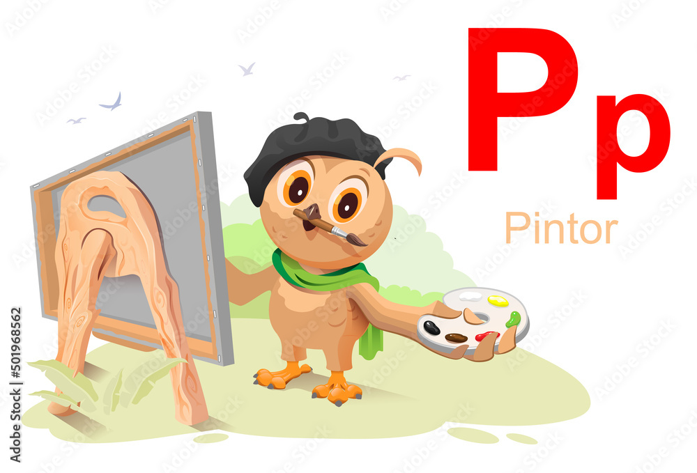 Spanish alphabet letter p artist pintor. Vector cartoon illustration