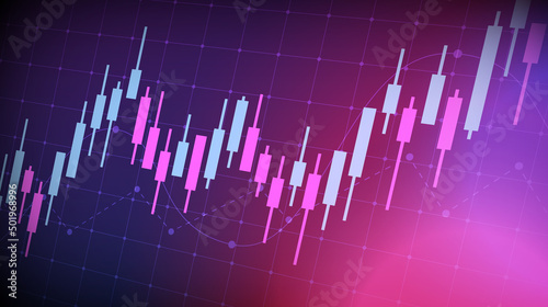 Financial graph with up trend line candlestick chart in stock market on neon blue and purple color background