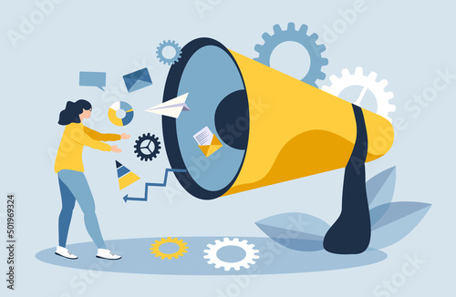vector illustration in a flat style on the topic of advertising, influence on consumers. From a huge megaphone, various objects are flying at the girl.