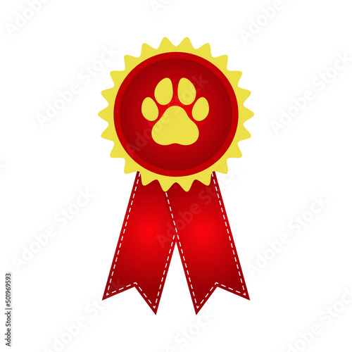 Dog competition winner gold award ribbon with dog paw