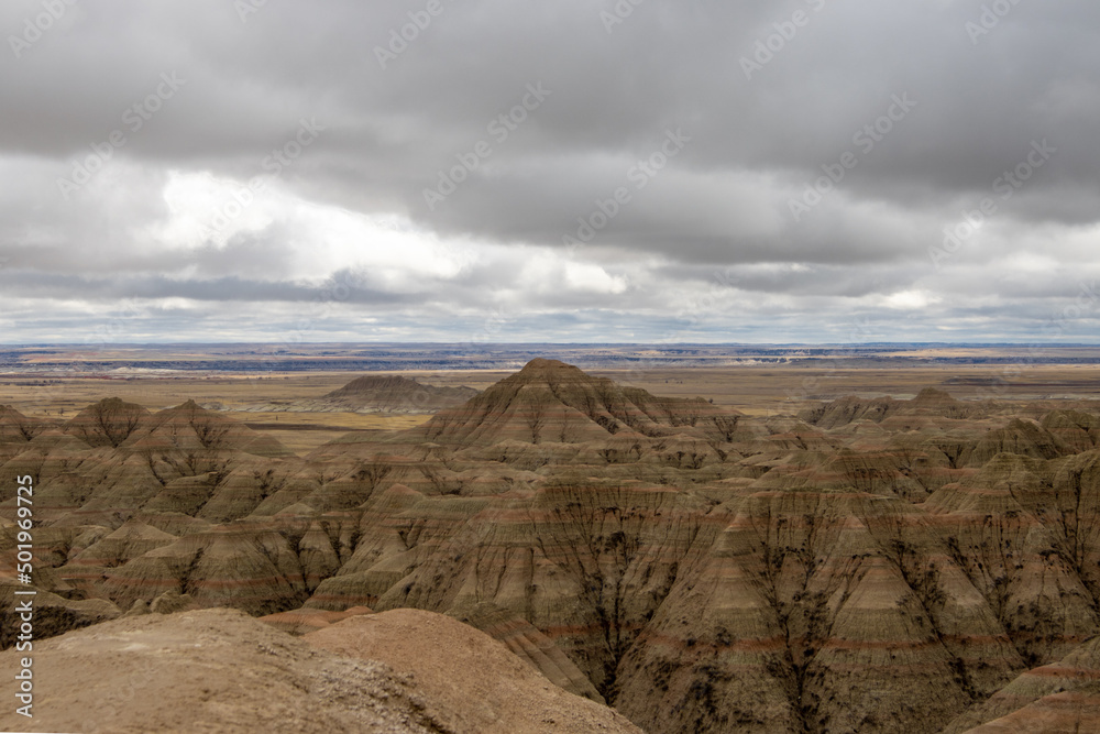 A view of the layers in the sedimentary rocks at Badlands National Park in South Dakota
