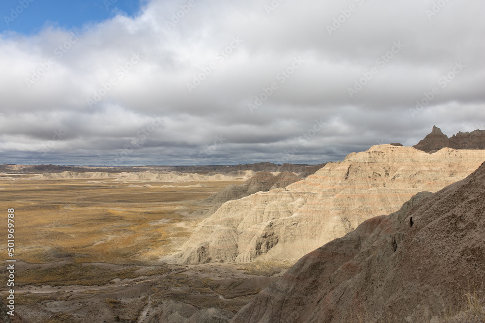 A dramatic view of the landscape at Badlands National Park in South Dakota