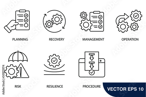 Business continuity planning icons set . Business continuity planning pack symbol vector elements for infographic web