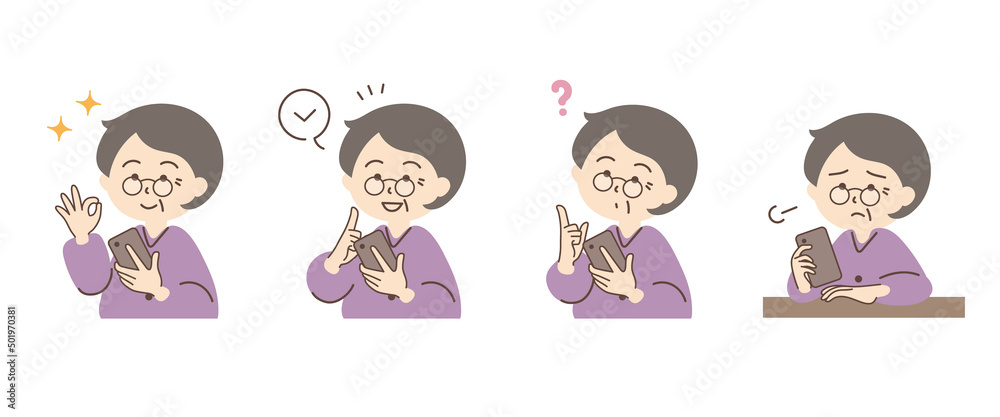 スマホを持つ女性のシンプルなイラストセット_D03【シルバーグレーの髪】 スマホを持つ女性のシンプルなイラストセット_D03【シルバーグレーの髪】