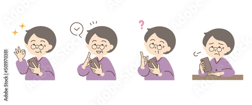 スマホを持つ女性のシンプルなイラストセット_D03【シルバーグレーの髪】