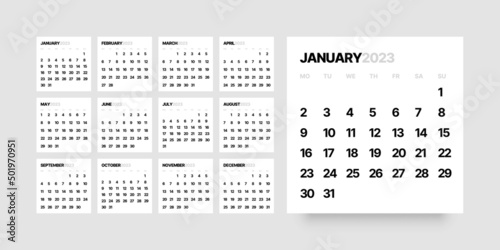 Monthly calendar template for 2023 year. Week Starts on Monday. Square desk calendar in a minimalist style. 