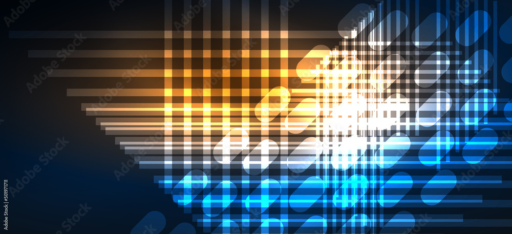 Fototapeta premium Background neon glowing lines and geometric shapes. Lights in the dark wallpaper for concept of AI technology, blockchain, digital, communication, 5G, science