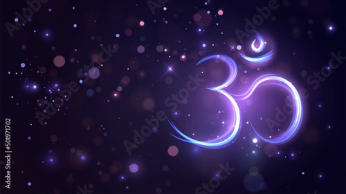 Dark background with glowing sign Om and blurry sparks