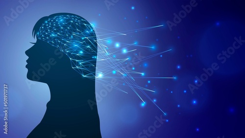 Silhouette of a woman on a blue background and a glowing structure in her brain with sparks