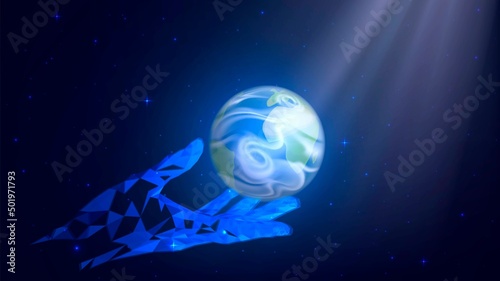 Polygonal giant hand holding planet Earth in space