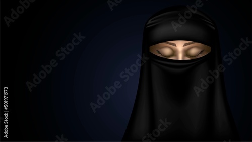 Muslim woman in niqab with closed eyes on black background