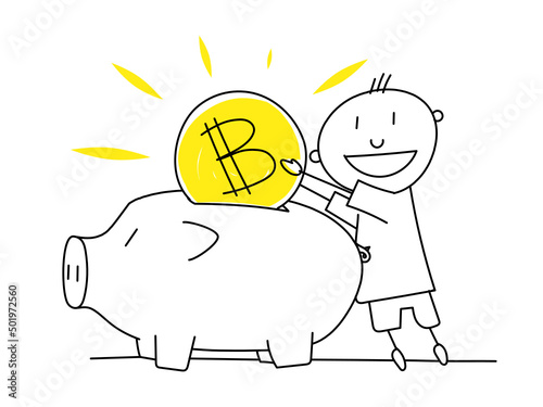 A happy man throws a Bitcoin coin into a piggy bank. Cryptocurrency hold concept.