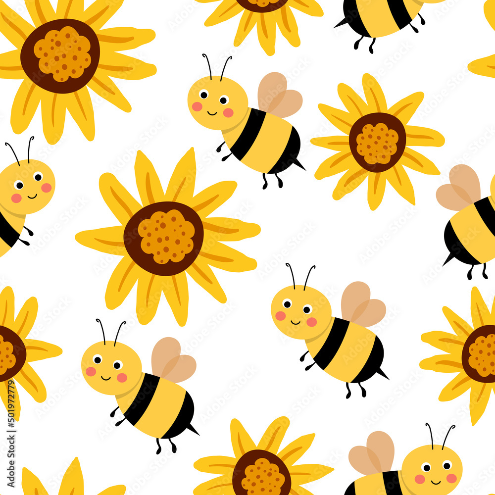 Seamless pattern with bees on floral background. Small wasp. Vector illustration. Adorable cartoon character. Design for invitation, cards, textile, fabric. Doodle style