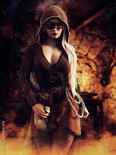 Fantasy female thief with a mask on her face in a medieval tavern. 3D render - the woman is a 3D object.  photo