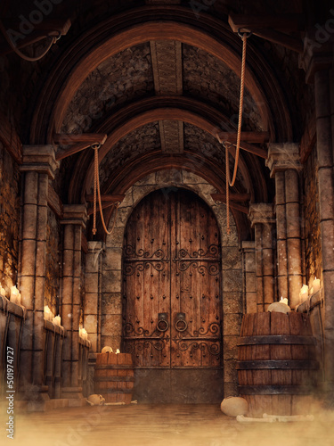 Corridor in a medieval dungeon with skulls, bones, candles, and wooden barrels. 3D render.