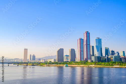 Skyscrapers in Yeouido  Han River  Seoul  taken in the morning