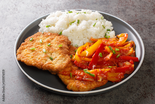 Homemade breaded schnitzel served with Gypsy sauce of bell peppers and onions with rice in a plate on a table. Horizontal