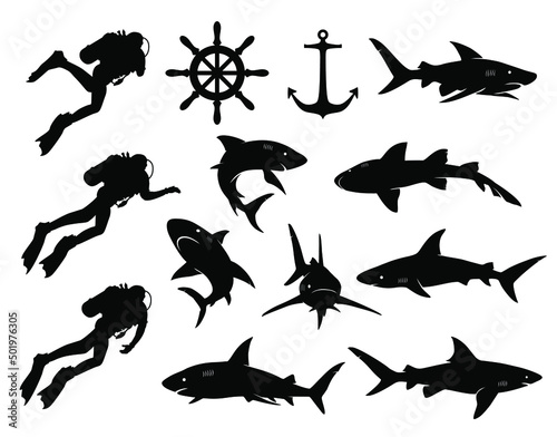 Diver, scuba diver, diving, shark silhouette Images isolated on white. Vector set. Danger shark.