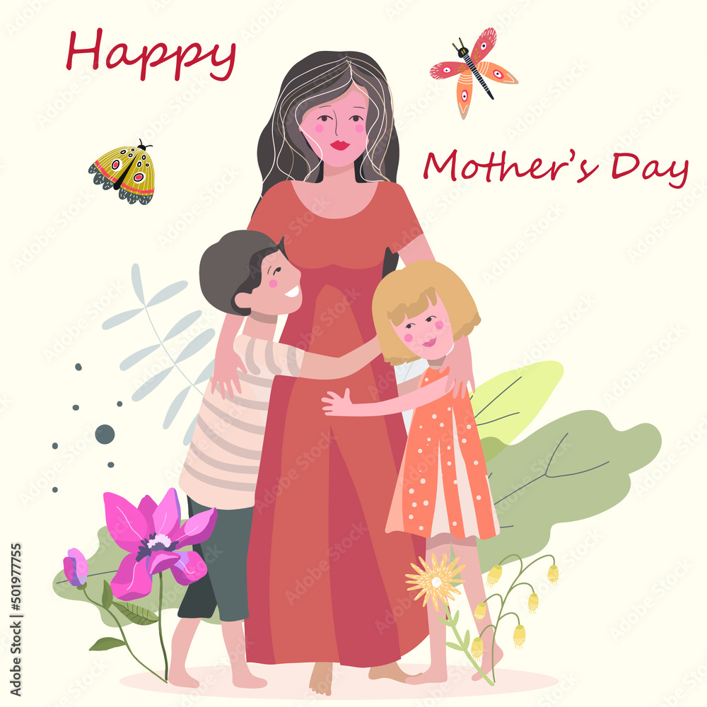 Mom with two children, magnolia in the background, mother's day vector illustration. happy mother's day vector illustration. Mom with two children, magnolia in the background, mother's day vector illustration. happy mother's day vector illustration.