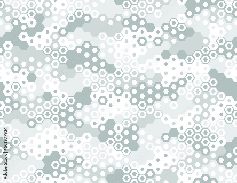 Camouflage seamless pattern with hexagonal geometric dotted texture. Abstract modern endless military ornament for fabric and fashion textile print. Vector background.