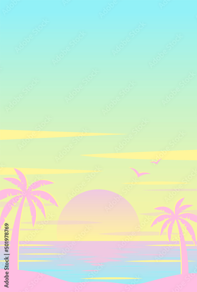 vector background with sunset on the beach with palms for banners, cards, flyers, social media wallpapers, etc. - obrazy, fototapety, plakaty 