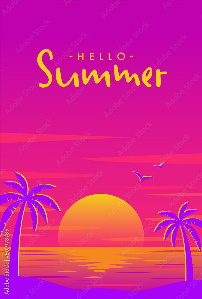 vector background with sunset on the beach with palms for banners, cards, flyers, social media wallpapers, etc.