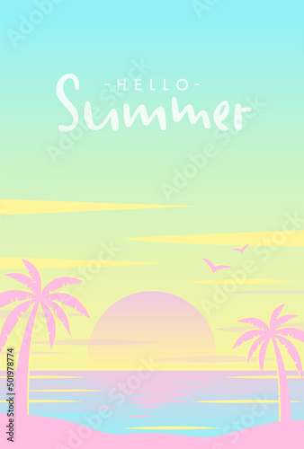 vector background with sunset on the beach with palms for banners, cards, flyers, social media wallpapers, etc.