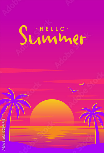 Fototapeta Naklejka Na Ścianę i Meble -  vector background with sunset on the beach with palms for banners, cards, flyers, social media wallpapers, etc.