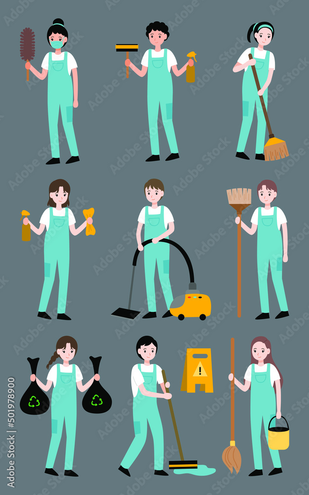 Fototapeta premium Cleaning service cartoon character vector flat illustration