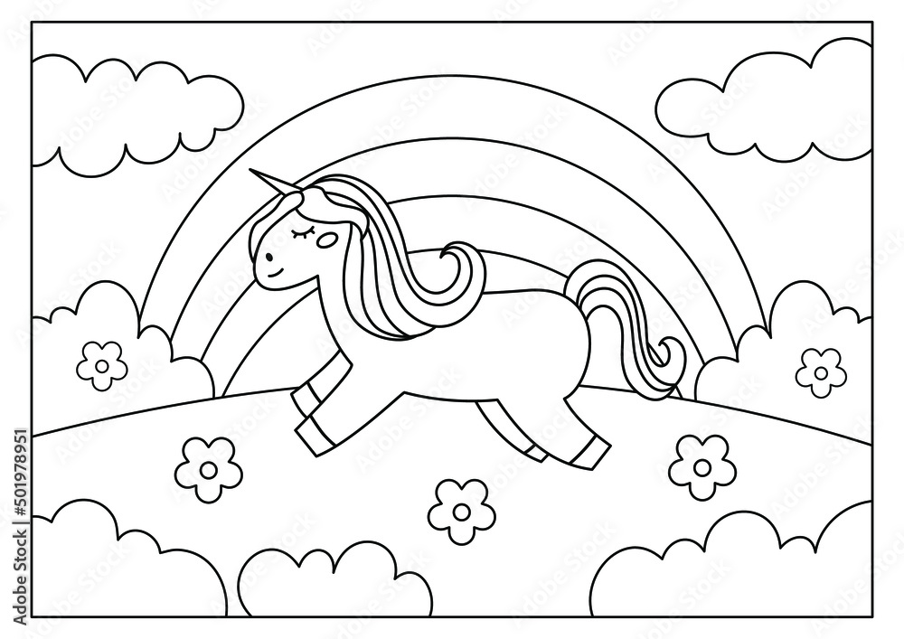 Fototapeta premium Unicorn printable coloring page for kids activity vector 