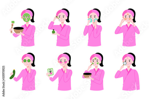 girl use skin care routine vector collection illustration