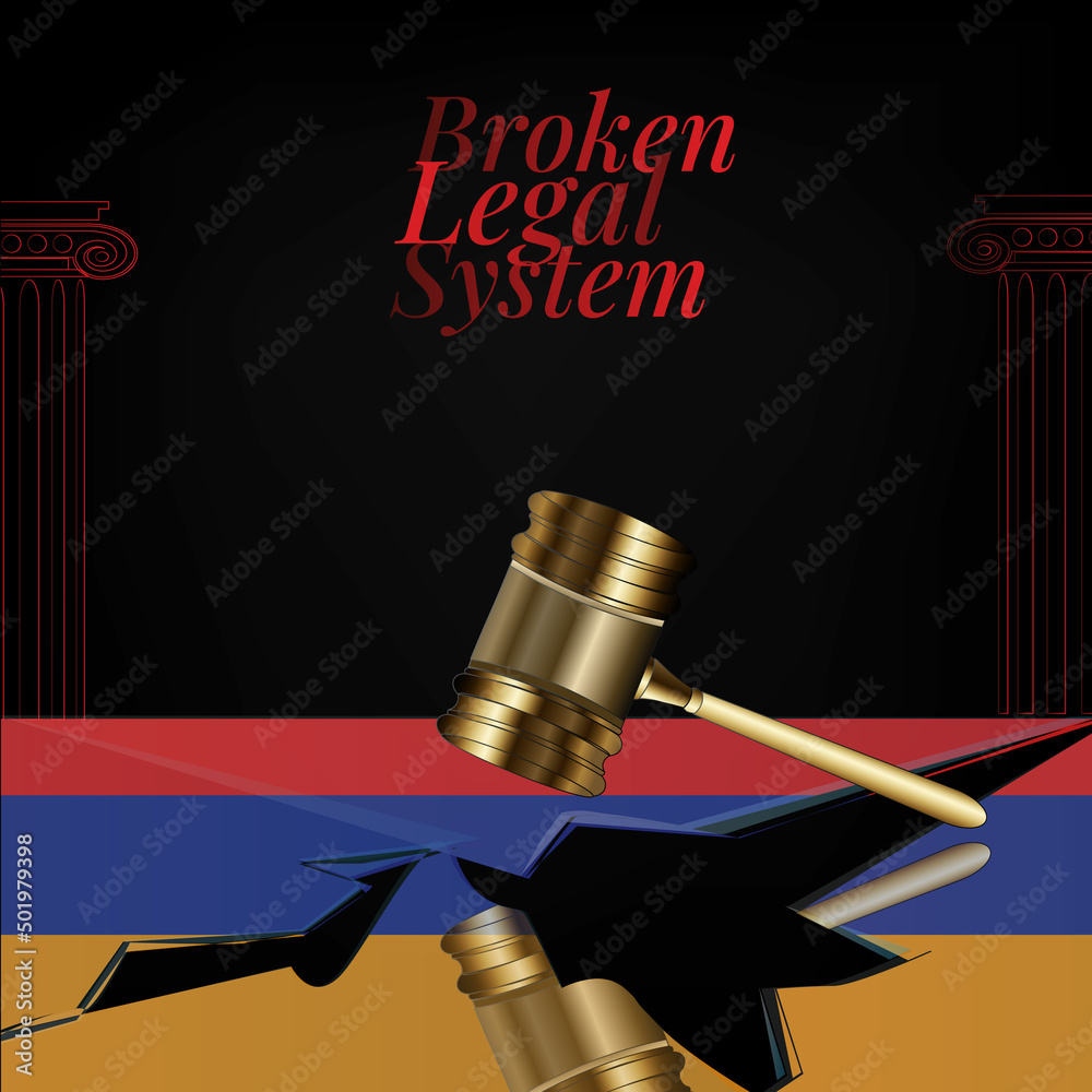 Armenia's broken legal system concept art.Flag of Armenia and a gavel.