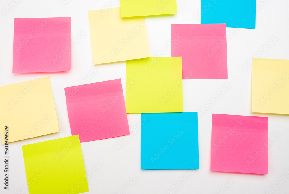 blank Sticker notes on white background. Mockup sticky Note Paper. empty sheets for notes on white bulletin board. Discussing business, teamwork, brainstorming concept