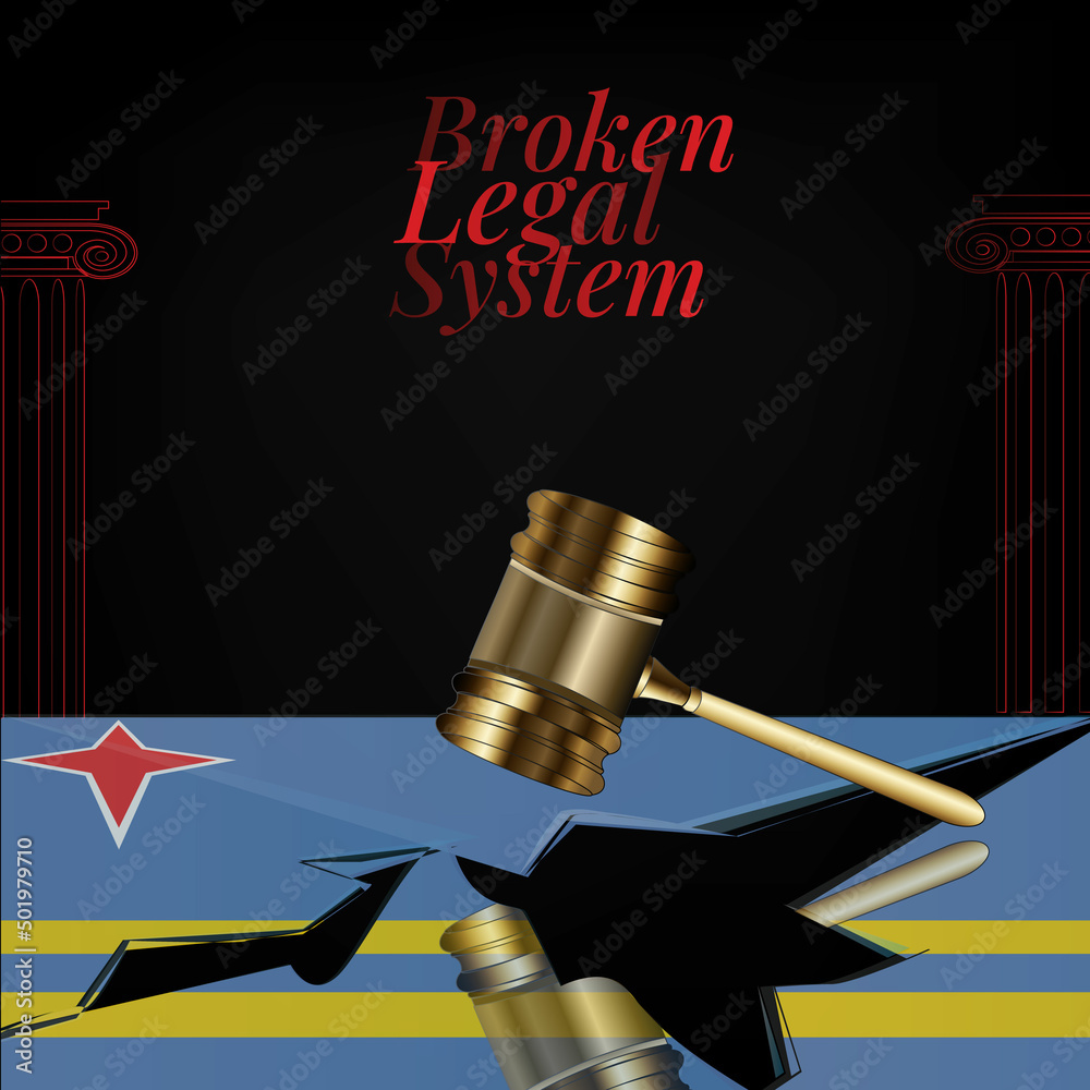 Aruba's broken legal system concept art.Flag of Aruba and a gavel