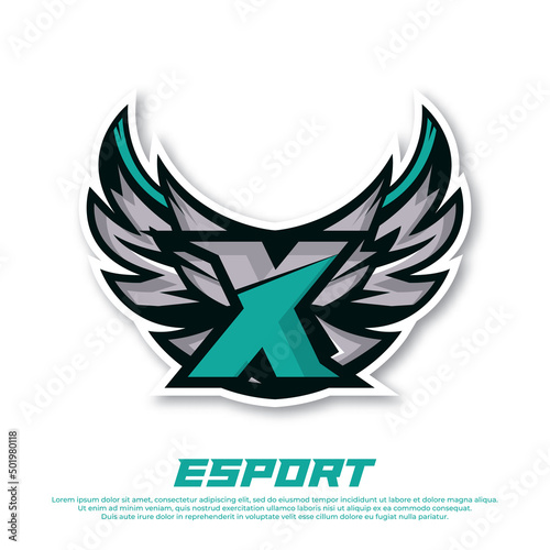 Eagle wing esport logo letter X design template, bird esport logo illustration, initial esport logo.