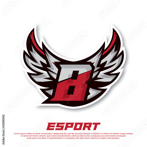 Eagle wing esport logo letter B design template, bird esport logo illustration, initial esport logo.