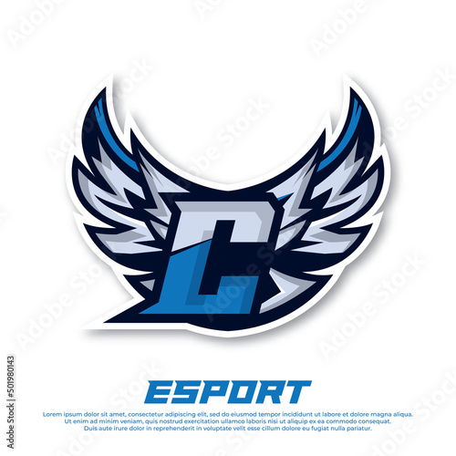 Eagle wing esport logo letter C design template, bird esport logo illustration, initial esport logo.